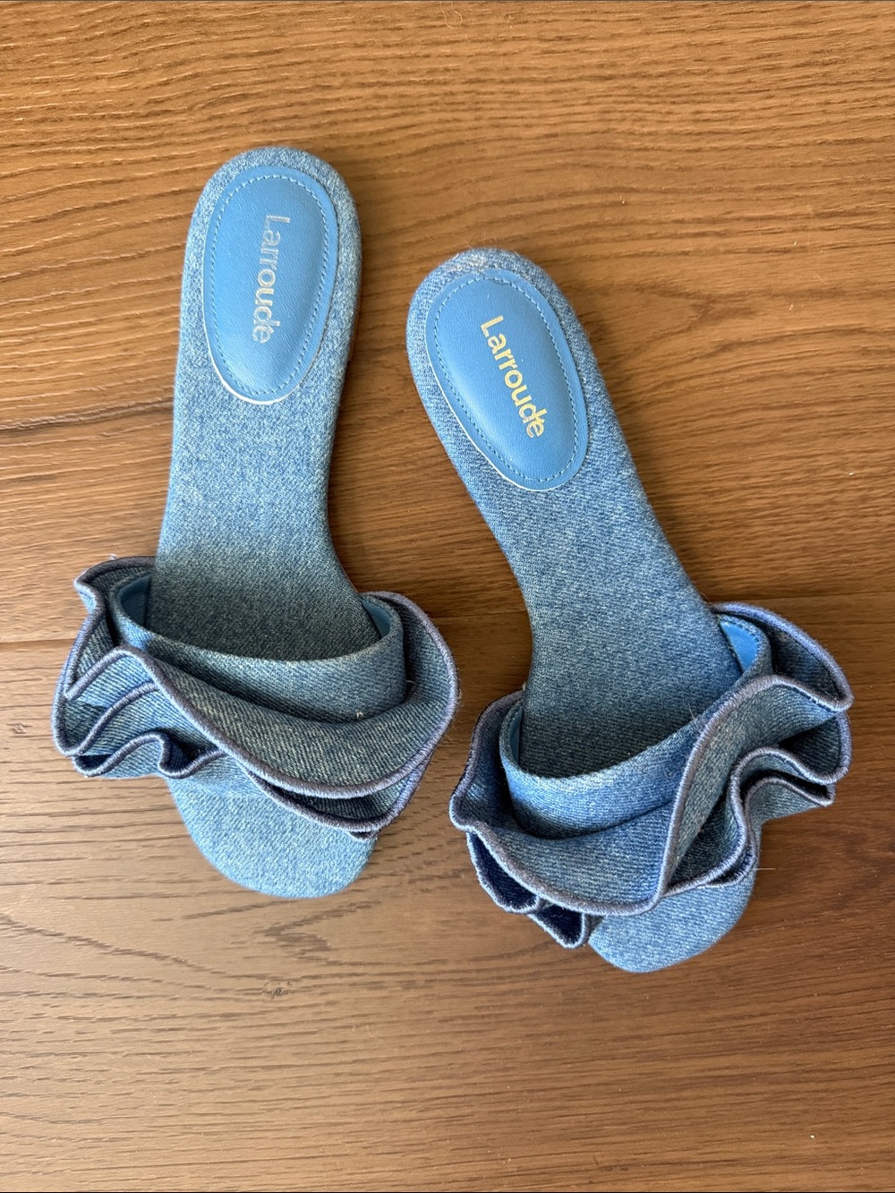 Larroudé Blue Denim Ruffle Slide Sandals